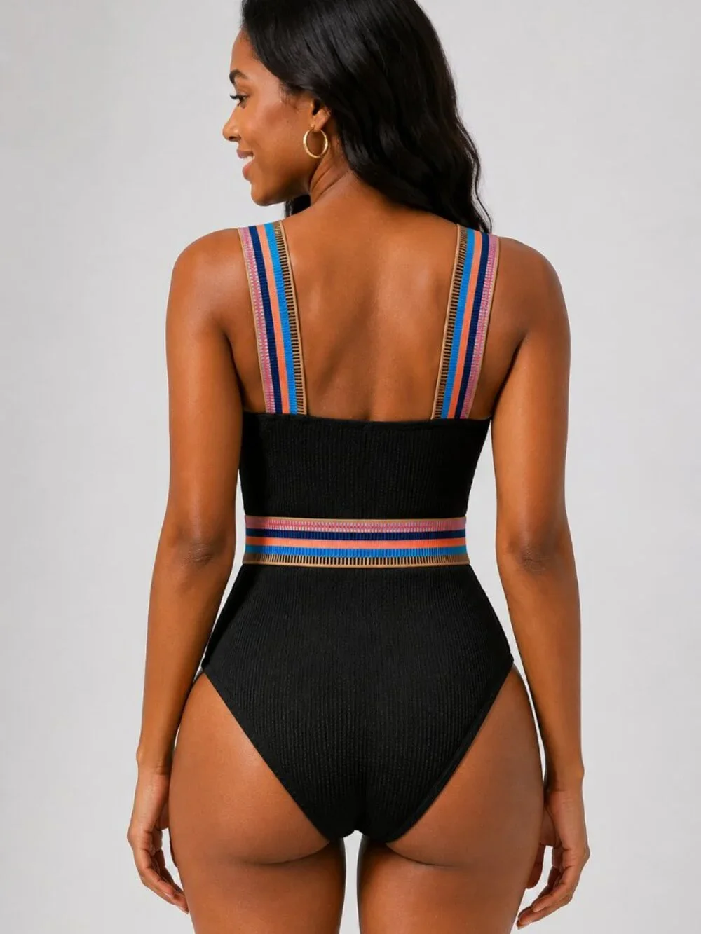 Cupshe Black Ribbed Striped One Piece Swimsuit Classic Coverage Size M NWT